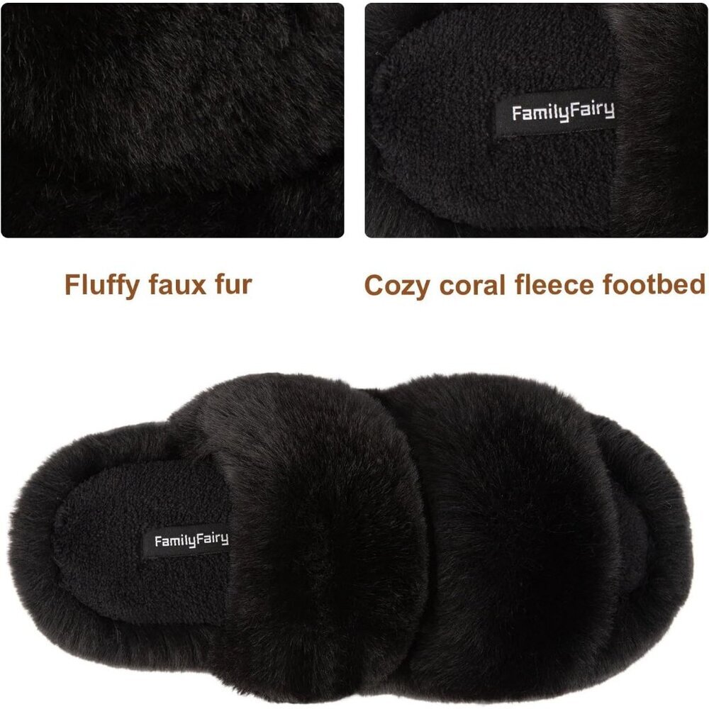 Women's Black Fluffy Fleece Faux Fur Open Two Band Lining Rubber Sole Slippers - Picture 5 of 6